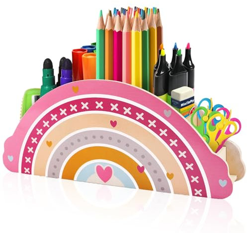 GmwyCzV Schreibtisch Organizer, Regenbogen Stiftehalter Kinder, Große Kapazitätstifte Organizer, Holz Schreibtischs Stifte Organizers, für Schreibtisch Zubehör, Büromaterial