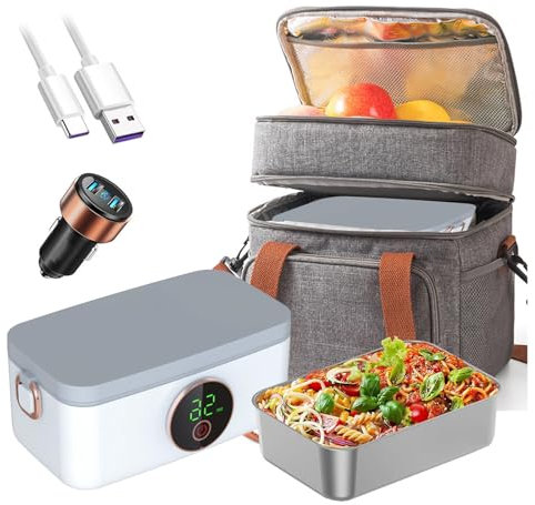 LFLIFENG Fiambrera Electrica Coche Recargable E Inalámbrico, Calienta Comida USB Portátil Y con Batería De 16000 mAh, Tartera Electrica Comida Trabajo