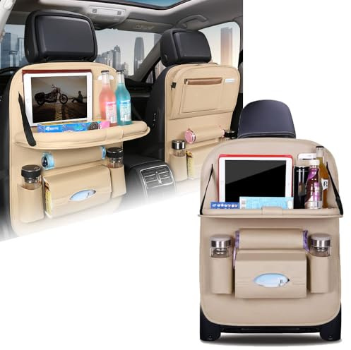 ZDHXZYQ Car Seat Organiser for Toyota Sequoia (XK60) 2.Gen, Multifunctional Waterproof Car Back Seat Organiser with Folding Table and Many Pockets,A-Beige