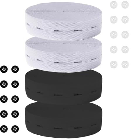 OUTALIZ Gummiband mit Knopflöchern,4 Rollen Flaches Nähband Gummiband mit Knopfloch,Gummiband 2cm x 5m Breit Weiß Schwarz,Gummiband Nähen,Gummiband Breit, mit 20 Stück Knöpfe