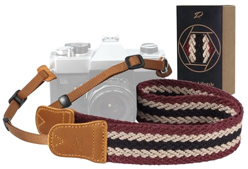 Padwa Lifestyle Stripes Camera Strap - 1.5 Crazy Horse Cowhide Head Soft Cotton Rope Weave Camera Straps for Photographers and All Cameras,Cute Adjustable Vintage Woven Strap for Adults & Kids