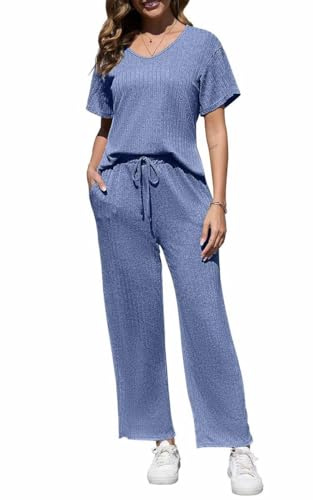 Yutdeng Tute da Casa 2 Pezzi Pigiama Set a Costine da Donna Maniche Corte con Scollo a V Orlo a Fessura Maglietta e Pantaloni Lunghi con Coulisse con Tasche Tuta da Ginnastica,Blu,L