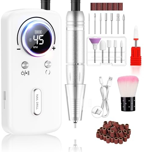 PKBD 45000RPM Professional Portable Nail Drill Machine for Acrylic and Gel Nails, Rechargeable Electric Nail Files Set with 11 bits and LCD Display for Salon,Home and DIY, White