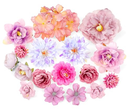 MWOOT 17 Stück Künstliche Blumenköpfe, Kunstblumen für Handwerk, Gefälschte Rosen Pfingstrose Seerose für DIY Hochzeit Party Festival Haus Garten Dekoration, Kunstblumen Deko(Lila)