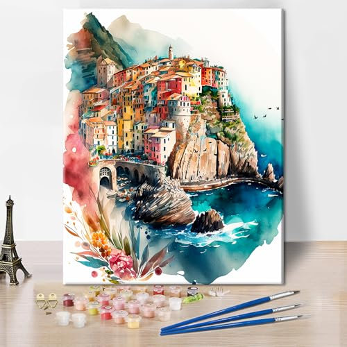 TISHIRON Italienisches Küstendorf Malen nach Zahlen für Erwachsene - Bunte Häuser am Meer, 40x50 cm Mediterranes DIY Ölmalerei-Set für Wanddekoration (ohne Rahmen)