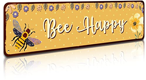 Bee Happy Sign - Metal Tin Signs,Kitchen & Outdoor Decor,Beehive & Classroom Decor - 4x16 Inch