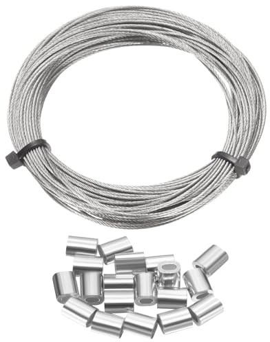 sourcing map 304 Stainless Steel Cable Wire Rope Kit 50FT (15M) Long 1/32 (0.8mm) Dia 7x7 Strand Core with 20pcs Loop Sleeve for Deck Railing System Outdoor Hanging Kit Garden Fence