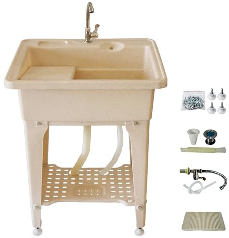 JINGSHIQIAOPL Pila Lavadero con Grifo y Desagüe, Lavamanos Portatil de Plástico con Tabla de Lavar, Fregadero Portatil Camping para Lavandería, Jardín, Garaje, Beige(52x32x69cm/20.5x12.5X27in)
