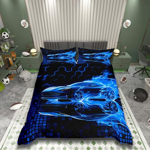 Homemissing Rennwagen Flamme Bettwäsche Set 135x200cm Für Kinder Jungen Teens Geschwindigkeit Sport Betten Ultra weiche Honeycomb Bettbezug Spiele Auto Bettwäsche-Set Cool Modern Grid
