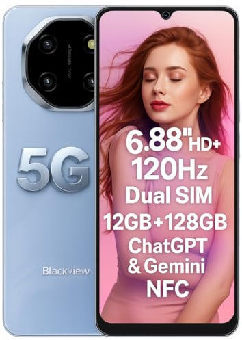 Blackview Smartphone Shark 6 5G avec IA, 12GO+128GO, Écran 6.88 HD+ 120Hz, 3 Assistants IA Intégrés, Caméra 16MP+8MP, Batterie 5000mAh, Double SIM 5G, Android 15 Téléphone Débloqué, GPS NFC, Bleu