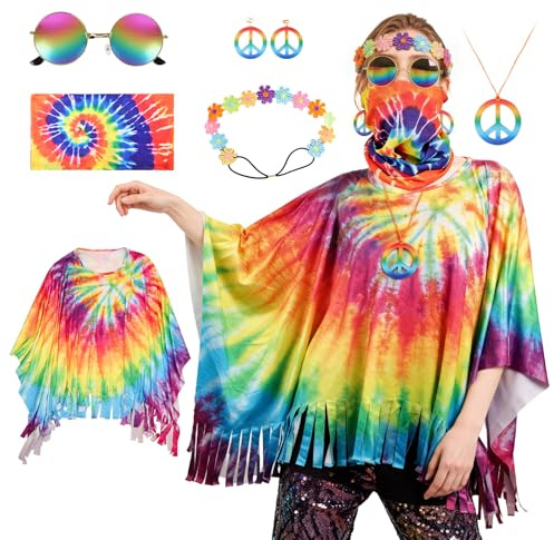 Hippie-Kultur, Freie Persönlichkeit, Festivalatmosphäre, Kostümaccessoires, Batik-Hippie-Umhang/Stirnband/Haarreif/Ohrringe/Halskette/Sonnenbrille, für Karneval & Party