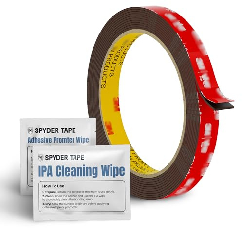 5952 Heavy Duty Double Sided Foam Tape - Industrial Strength Mounting Tape for Metal, Plastic & Painted Surfaces - High Bond Waterproof Acrylic Adhesive 12mm x 3m with IPA & Adhesion Promoter Wipes