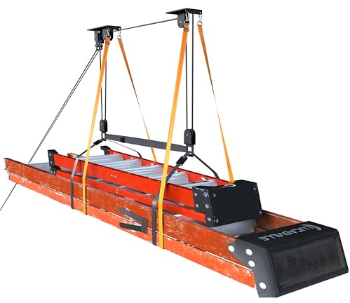 KOSEOO Ceiling Ladder Hoist, Heavy Duty Pulley System for Garage Storage, Ladder Hanger Hold Up to 150 lbs Capacity for Kayak, Cargo Box, Canoe, Bike Lift, Fit 10-18 Foot Ceilings, Black