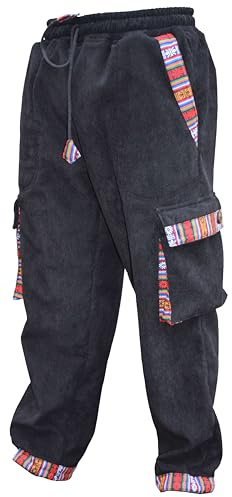 Gheri Mens Corduroy Contrast Border Fleece Lined Winter Outdoor Boho Cargo Pants Black Large