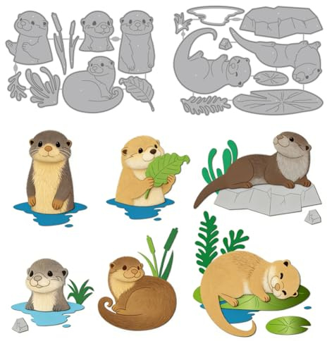 MAYJOYDIY Cartoon Otter Metall Schneideformen Otter Tierische Stanzschablonen See Blätter Felsen Prägeschablonen für DIY Papierhandwerk Kartenherstellung Scrapbooking Album Dekor