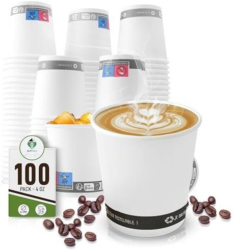 ALPPACK - Juego de 100 vasos desechables de cartón blanco 4 oz / 12 cl - Tazas de café desechables para café espresso y café corto, resistentes al calor, ideales para oficinas, eventos y degustaciones
