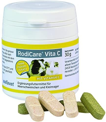 alfavet RodiCare Vita C, tilläggsfoder med C-vitamin för marsvin och smågnagare, sockerfri, 30 g (40 tabletter à 750 mg)