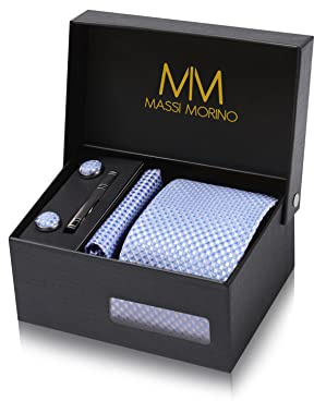 Massi Morino Krawatte Hellblau mit Einstecktuch Set Herren inkl. Manschettenknöpfe, Krawattennadel und Geschenkbox | Männer Krawattenset zur Hochzeit