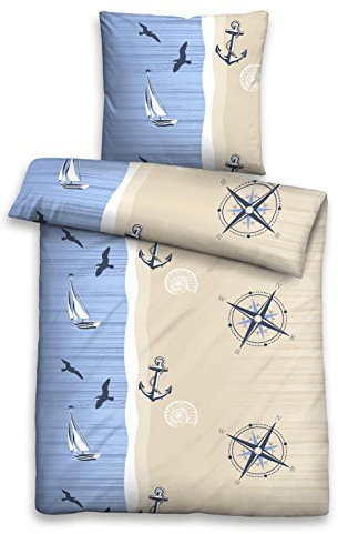 Castell 0024755 Bettwäsche Garnitur mit Kopfkissenbezug Baumwoll Seersucker 1x 135x200 cm + 1x 80x80 cm blau