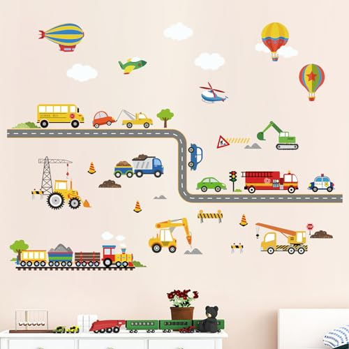 decalmile Wandtattoo Transporte Autos Fahrzeuge Wandsticker Bus LKW Flugzeug Kinderzimmer Jungen Wandaufkleber Babyzimmer Schlafzimmer Spielzimmer Wanddeko | Abziehen und Aufkleben für Wände, DIY-Wandkunst-Aufkleber, abnehmbar und wandsicher, lebendige Farben, Wanddekoration