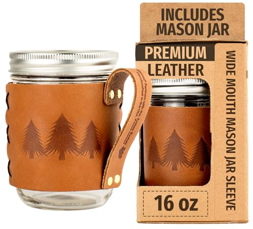 Oowee Wide Mouth Mason Jar w/Pine Trees Design Leather Sleeve - Rustic Charm for Canning, Crafts, and Décor - Airtight Seal - Durable Glass
