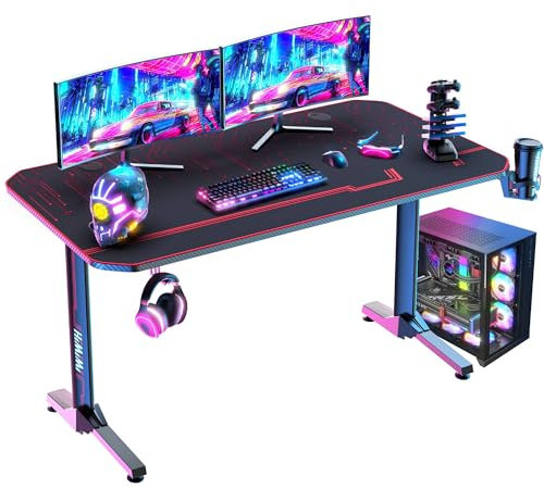 Bureau Gaming 140 x 60 cm, Bureau Gamer avec Grand Tapis de Souris,Table Informatique Ergonomique en Fibre de Carbone,Table Gaming avec Porte Gobelet,Crochet pour Casque et Poignée de Je, Noir