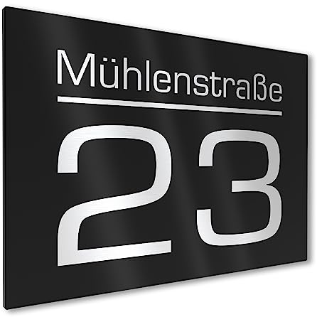 Graviers Design Modernes Hausnummernschild mit Gravur aus Aluminium Verbindungsplatte 160x110mm - Schwarz - Wetterfest Rostfrei Individuell anpassbar Straße Nummer - Made in Germany