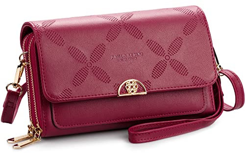 PAULO SERINI® Umhängetasche Damen | Handytasche zum Umhängen aus 100% veganem Leder | Handtasche Damen kleiner Crossbody Bag mit 2 Fächern & Reißverschluss | Women Purse Cherry Red | rot