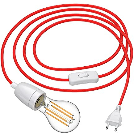 ledscom.de 3 m Textilkabel LEHA II Stecker, Schalter, Porzellan, rot + LED Lampe 1600lm warmweiß