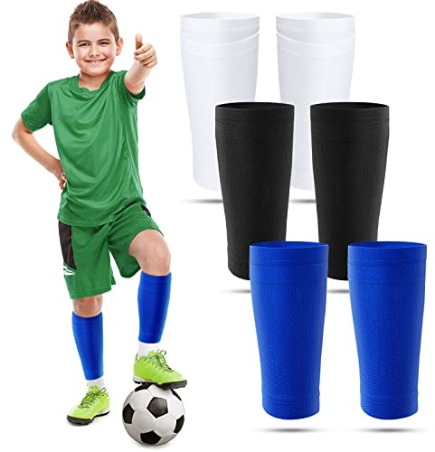 Boyiee 3 Paires Chaussettes de Protection Tibias de Football Enfants Couvre-Tibias Respirants de Veau Porte-Tibias de Compression Chaussettes de Football avec Poches Supports Mollet et Tibia