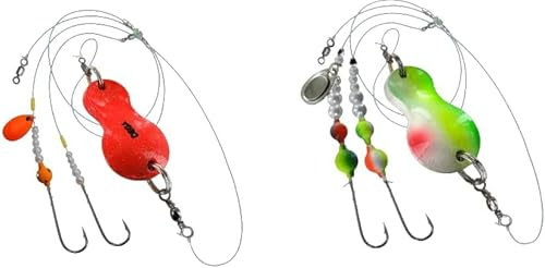 blntackle76 Set 2 Stück Buttlöffel von Jenzi Plattfisch Blinker montiert 80 Gramm Orange Glitzer 80 Gramm grün/weiß/rot und + gratis Petri Heil! Aufkleber