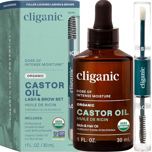 Cliganic Huile de ricin bio 100 % pure – Pour cils, sourcils, cheveux et peau (28,3 g avec kit de cils)
