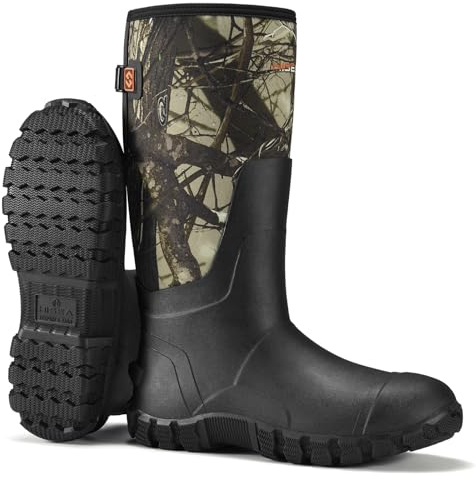 HISEA Upgraded Rain Boots for Men Waterproof Insulated Rubber Boots Outdoor Mud Hunting Boot, Adjustable Calf, Camo, 9