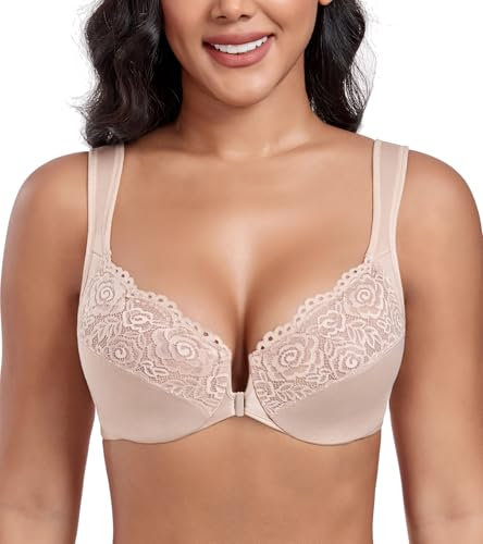 DotVol Women's Front Closure Wide Strap Underwire Bra Lace Plus Size U-Back Unlined Everyday Bra(Beige,36F)