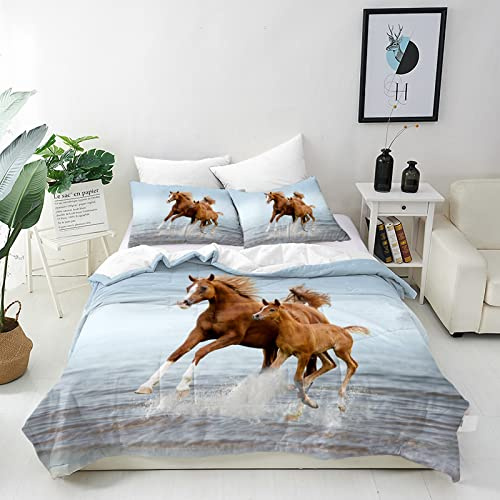 ANHOPE Horse Duvet Cover Set Double 200x200cm, 2 Pillowcases | Matching Pillowcase 50x75cm, Animal Mare & Pony Print, All Season Microfibre Quilt Cover Set with Zipper Closure