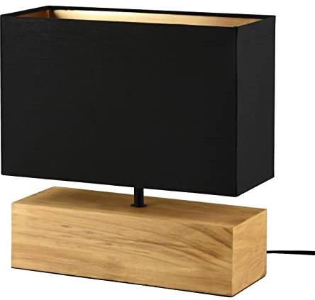 Reality Leuchten R50181080 Woody - Lámpara de mesa (metal negro mate, pie de madera, pantalla de tela negro/dorado, no incluye 1 bombilla E27)