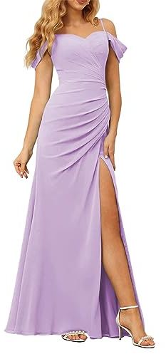 KURFACE Maid of Honor Kleid für Damen, kalte Schulter, Spaghettiträger, Hochzeitsgäste, Abendkleid, Flieder, 48