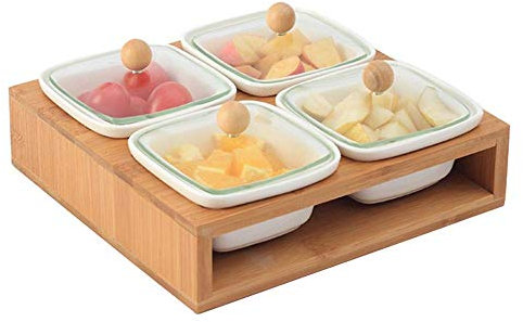 NZPOST Frutero de Madera y cerámica, Hay 4 o 6 tazones para refrigerios con Tapa de Vidrio y 1 Bandeja Que se guardan cuidadosamente y Son Muy prácticos (22 cm)