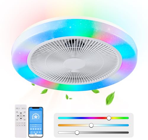 AHXIAOZN RGB Deckenlampe mit Ventilator Fan, Leiser Moderne Ventilator mit Licht, Dimmbar LED Lampe mit Ventilator, RGB Deckenventilator mit Beleuchtung und Fernbedienung & APP Fan Lampe, Weiß