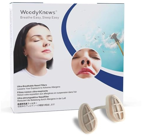 Filtros Nasales Ultra Respirables WoodyKnows, ayuda para alergias estacionales y al polvo (Estrecho, XL, 3 Filtros+12 Repuestos)