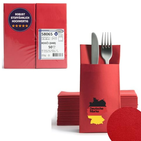 AROBA 100 x Airlaid Cutlery Napkins (Red, 32 x 40 cm), High-Quality Napkin Pockets, Ready-Folded Cutlery Pockets, Fabric-Like Airlaid Napkins