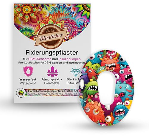 Diasticker® | Cerotti per sensore Dexcom G6 (10 pezzi, Monster-Mania) | Impermeabile – Delicato sulla pelle – Traspirante – Forte tenuta | Cerotto autoadesivo, fissaggio con sensore