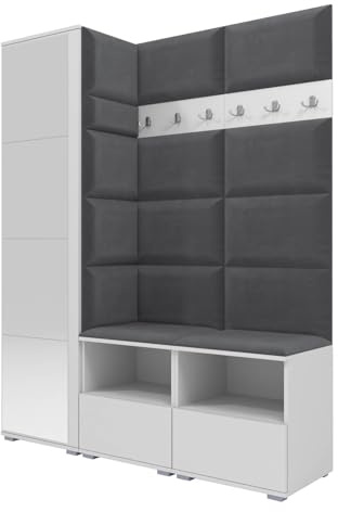 RAVIO Garderoben-Set NELA II mit Spiegel, 150cm Praktischer Wandgarderobe, Zwei Schuhschränke und Hochschrank, gepolsterte Paneele und Montagekleber inklusive (Weiß + Dunkelgrau (Trinity 15))