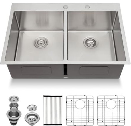 Lordear 33 Inch Drop in Kitchen Sink Double Bowl Kitchen Sinks 16 Gauge 304 Stainless Steel 50/50 Topmount Double Basin Sink