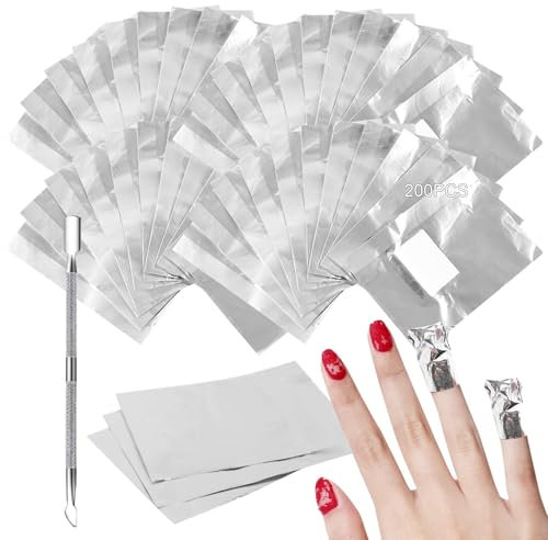 Soodyoow Papillotes en Aluminium, 200 pièces Papillotes en Aluminium Vernis à Ongles Enlever, Papillotes Vernis Semi Permanent, pour Retirer À Ongles Le Gel Ongle, avec Poussoir à Cuticules