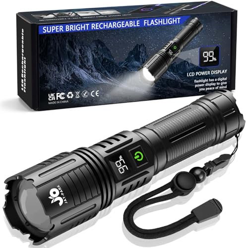 JAY-PARK 500000 Lumens Torches LED Super Bright Rechargeable, 5000mAh Long Lasting Powerful Torch with LED Power Display, Tactical Torch 5 Modes Zoomable, IP67 Waterproof, for Camping, Emergency