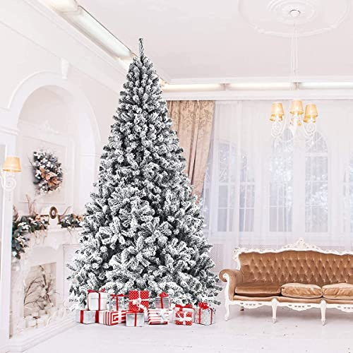 Weihnachtsbaum, 9 Fuß großer Schnee-Weihnachtsbaum, künstlicher, beflockter Kiefernbaum mit Scharnier, Weihnachtsdekorationsbaum mit hochwertigen PVC-Nadeln und massivem Metallständer, komplett für
