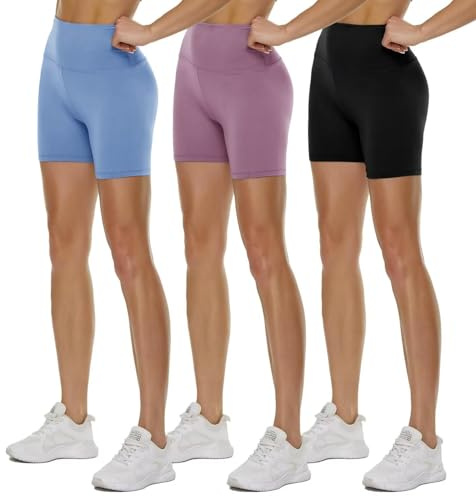 TNNZEET 3er Pack Radlerhose Damen High Waist Sommer Shorts Blickdicht Kurze Sporthose Leggings Hotpants Unter Kleider für Sport Yoga(Hellblau/Schwarz/Helllila, S-M)
