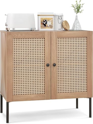 FANTASK Aparador con 2 Puertas de ratán de Madera de Roble Industrial para Cocina, Armario de Cocina con encimera y estantes Ajustables, 80 x 40 x 80 cm