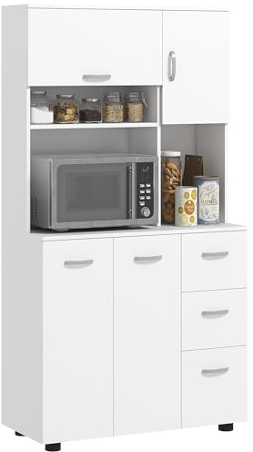 HOMCOM Armoire de Cuisine Buffet Cuisine Multi-rangements 4 Portes 3 tiroirs étagère + Grand Plateau 89L x 39,5l x 168H cm Blanc